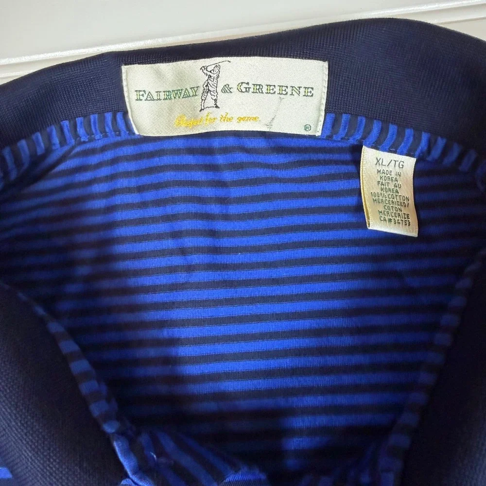 Fairway & Greene Mens XL Blue Striped Mercerized Cotton Polo Shirt Equifax Logo